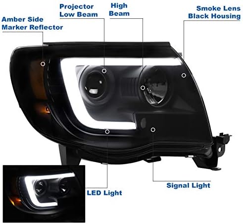 LED Tube Projector Headlights Headlamps Black/Smoke Compatible with 2005-2011 Toyota Tacoma