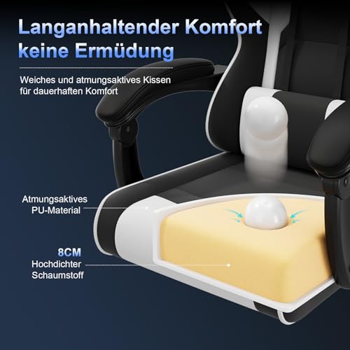 JETSTREAM Poltrona Gaming Ergonomica Con Poggiapiedi, Poggiatesta, Massaggio E Sollevamento Pneumatico, 150 Kg, bianco e nero - Sedia gaming - Immagine 5