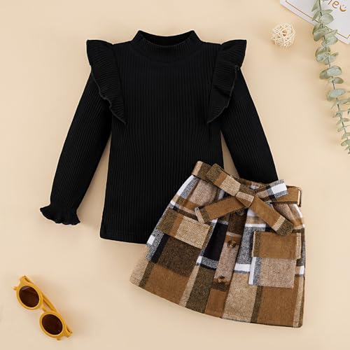 Image of Weixinbuy Toddler Girl Fall Winter Clothes Solid Long Sleeve Ribbed T-Shirt Knit Tops Plaid Button Mini Skirts Set Outfits