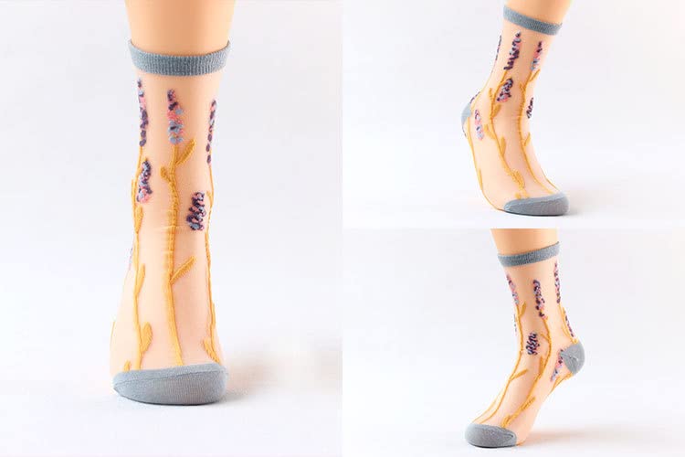 Image of 7 Pairs Women Floral Sheer Sock Elastic See Through Socks Summer Thin Mesh Lace Jacquard Socks Cottagecore Accessories