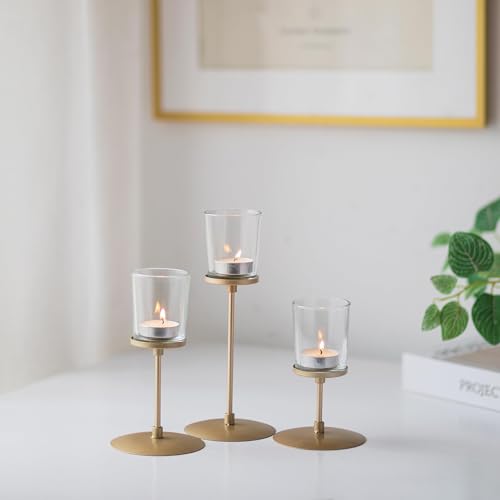 Sziqiqi Portavelas Luz de Té Dorado con Vidrio - Candeleros Votivas para Centros de Mesa de Boda Set de 3 Portacandelitas Decorativos para Navidad