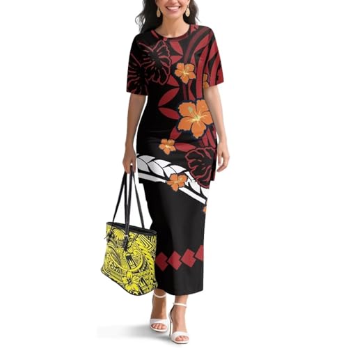 Image of Puletasi Samoan Traditional 2 Piece Outfits for Women Short Sleeve Crop Top and Maxi Skirt Sets Puletasi Dress