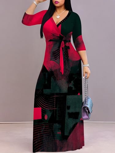 Image of Womens Plus Size Maxi Dresses Casual 3 /4 Sleeve Sundress Fall Wedding Guest Dress with Belt