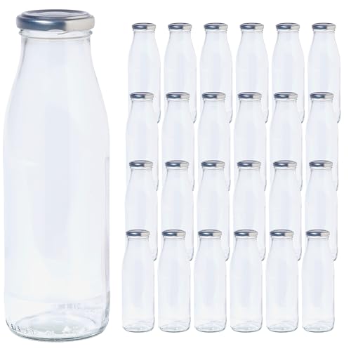 Vitrea 24 leere Glasflaschen 500ml Schraubverschluss Silber - Milchflaschen Saftflaschen Flaschen zum Befüllen mit Deckel - für Milch Saft Smoothies Öl - 24 Stück TO48 Milch