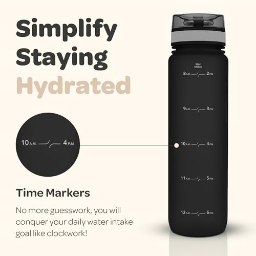 Image of Hydracy Water Bottle with Time Marker - Large 1 Liter 32 Oz BPA Free Water Bottle - Leak Proof & No Sweat Gym Bottle with Fruit Infuser Strainer - Ideal Gift for Fitness or Sports - Space Grey