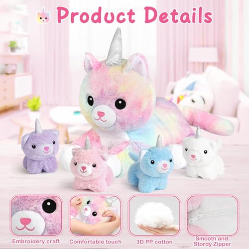 Image of KMUYSL Toys for Ages 0 1 2 3 4 5 6 7 8+ Years - Plush Mommy Stuffed Animal with 4 Babies in Her Tummy, Soft Plush Toys Set, Christmas Birthday Gifts for Girls Boys, Toddler, Kids (Unicorn Cat Toys)