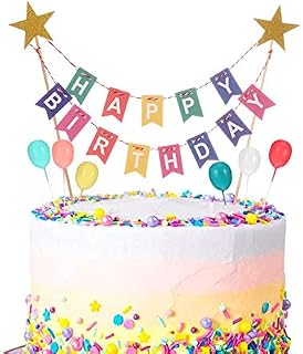 QINREN Happy Birthday Cake Topper Bunting Set, Rainbow Cake Decorations with 6pcs Mini Colorful Balloon Cupcake Toppers Kids Birthday Party Supplies for Theme Birthday Party Decoration