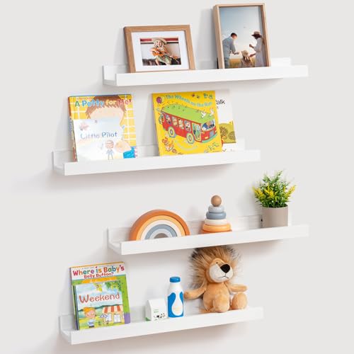Fun Memories Estantes flotantes blancos montados en la pared, estantes de madera natural para fotos, estante de pared para dormitorio, cocina, cuarto de bebé, baño, 24 pulgadas de largo, juego de 4