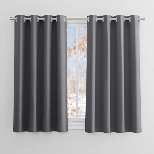 PONY DANCE Grey Blackout Thermal Insulated Curtains for Bedroom, 46 x 54 Inch Short Eyelet Curtains & Drapes, Soft Black Out 2 Panels for Window Living Room/Kitchen