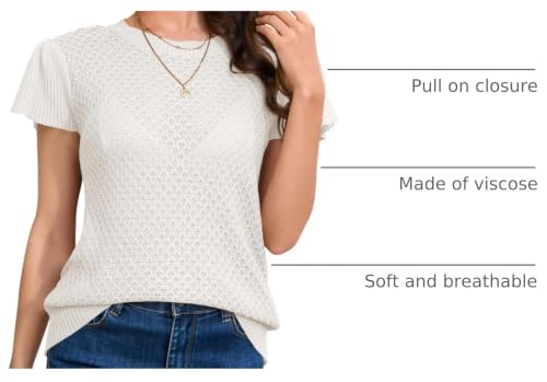 Image of Cakulo Summer Crochet Tops for Women Ruffle Cap Short Sleeve Crew Neck Knit Hollow Out Casual Spring Sweater Top