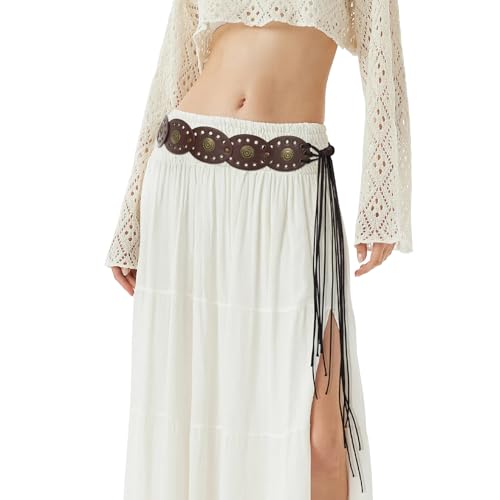 XZQTIVE Womens Boho Disc Belt Concho Western Cowgirl Cowboy Belt for Ladies Wide Vintage Leather Waist Belt for Dress