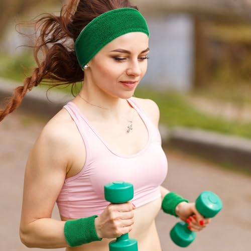 Image of 24 Pieces 80s Neon Sweatbands Set, Include 8 Sports Headbands and 16 Sweat Wristbands Elastic Athletic Tennis Sweat Bands Bulk for Man Woman