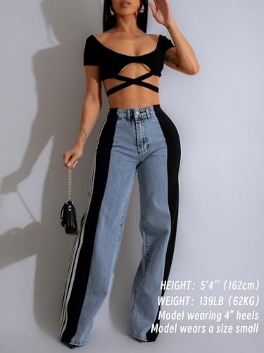 knowfashionstyle Womens Jeans High Waisted Wide Leg Patchwork Stripes Stretchy Jean Color Block Straight Trendy Demin Pants2