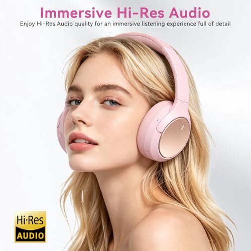 Image of Hybrid ANC Wireless Over-Ear Headphones, 100H Playtime, Hi-Res Audio, Bluetooth 6.0, Multi-Mode Noise Cancellation, Comfort Fit, iOS & Android Compatible, Foldable Design, Travel-Friendly (Pink)