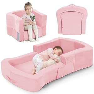 Toddler Travel Bed, 2-in-1 Foldable Portable Toddler Bed Sofa Chair, Soft Baby Kids Travel Floor Cot with Washable Covers Safety Foam Raised Bumper for Camping Hotel Sleeping (Pink)
