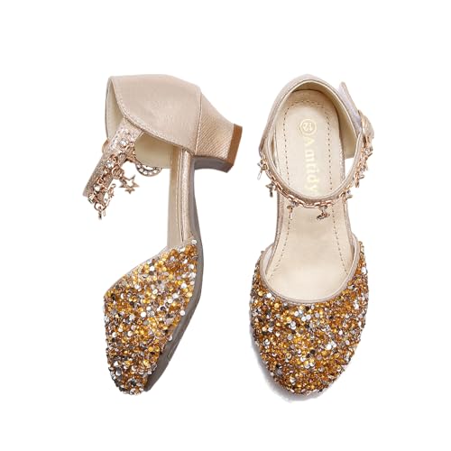 Image of Amtidy Girls Glitter Bow Low Heel Princess Shoes, Mary Jane Ankle Strap Dress Pumps for Wedding Birthday Party Performance