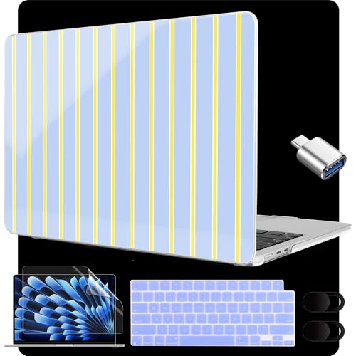 Image of MEEgoodo for M5 /M4 /M3 /M2 MacBook Air 15 inch Case 2026 2025 2024 2023, Case Fit Model (A3448 /A3241 /A3114 /A2941) for MacBook Air 15.3 inch, Yellow&White Stripes