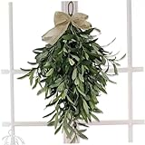 Corona de Rama de Olivo, Corona de Olivo Artificial de 24 Pulgadas con Lazo de arpillera, Colgante en Forma de lágrima para decoración de la Pared de la Puerta Delantera, Boda, Granja.