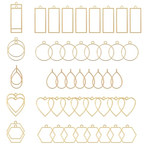 PATIKIL 50Stk Offene Lünetten Harz Lünetten Charm Anhänger Offene Rückseite Lünetten Legierung Hohl Rahmen Massenware für Harz Basteln Herstellen Gold Ton(5 Formen)