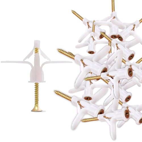LEDSone Plasterboard Wall Plugs & Screws 25 pieces Drywall Anchor Kit Expansion Tube Plastic Anchors Butterfly Aircraft Type Wall Fixing White colour