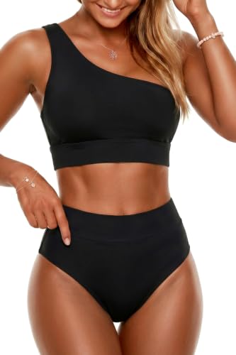 Holipick Black Women One Shoulder High Waisted Bikini Sets Two Piece Swimsuit Tummy Control Bathing...