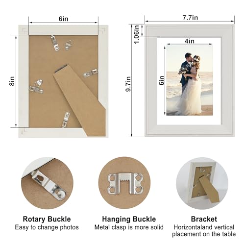 Image of iRahmen 6x8 Vintage Picture Frame with Mat 4x6 - High Definition Real Glass Wooden Photo Frames for Tabletop Display and Wall Mounting (Cream, Set of 4)