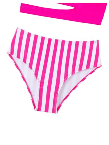 SHENHE Girl's 2 Piece One Shoulder High Waisted Cut Out Bikini Swimsuit Bathing Suit Striped Hot Pink 16 Years4