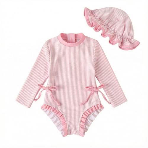 DivingBirds Baby Girls Long Sleeve Swimming Costume Toddler Girls Swimsuit with Hat Snap and Zipper Pink for 18-24 Months