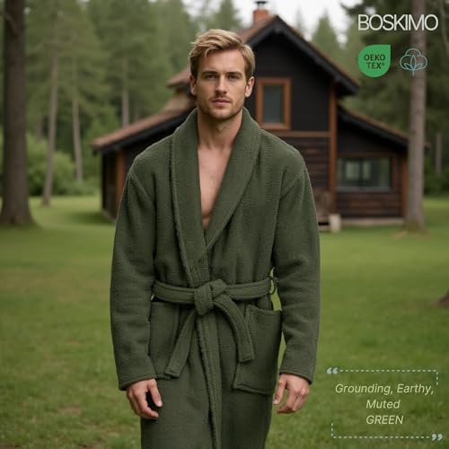 BOSKIMO Bademantel, Unisex, 100 % Baumwolle, Oeko-Tex, Bademantel für Damen und Herren, amerikanischer Frottee, 420 g/m², weich und sehr saugfähig, khaki-grün, S