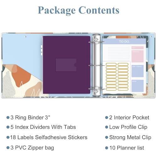 Image of 3 Ring Binder, 3 Inches Round Ring Binder with Clipboard, Dividers Tabs, PVC Zipper Bag Sleeves & to Do List Planners for Women, Men, School, Office Supplies,Boho Leaf