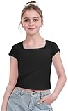 Arshiner Tops for Girls Short Sleeve Girls Shirts Square Neck Kids Clothes Slim Fit Kids Tee Blouse Black Size 7-8 Years