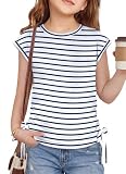 Arshiner Girls Striped Tops Short Sleeve Shirts Ruched Knot Side Summer Blouses Dressy Casual Cap Sleeve Curved Hem Tees Blouse Navy Blue Stripe 10-11 Years