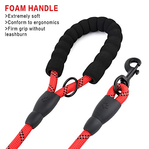 Image of Plutue Pet Rope Dog Leash 6ft Long,Traffic Padded Two Handle,Heavy Duty,Reflective Double Handles Lead for Control Safety Training,Leashes for Large Dogs or Medium Dogs,Dual Handles Leads(Red)