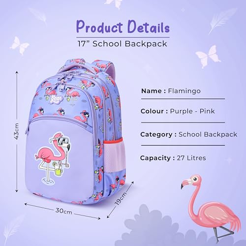 Image of Gear Flamingo 17 inch /27L Large Water Resistant School Bag | Casual Backpack | Daypack | Travel Backpack | Kids Bag for Boys /Girls (Purple - Pink)
