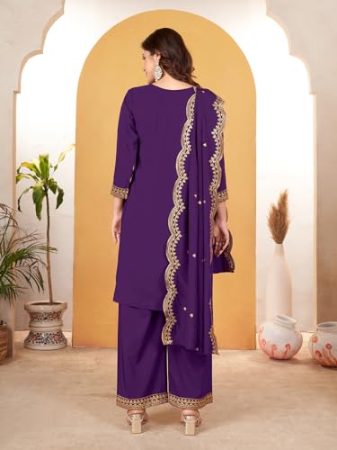 Image of Pratham Blue Kurta Set for Women Silk Embroidered Straight Kurta Set for Women with Palazzos and Dupatta