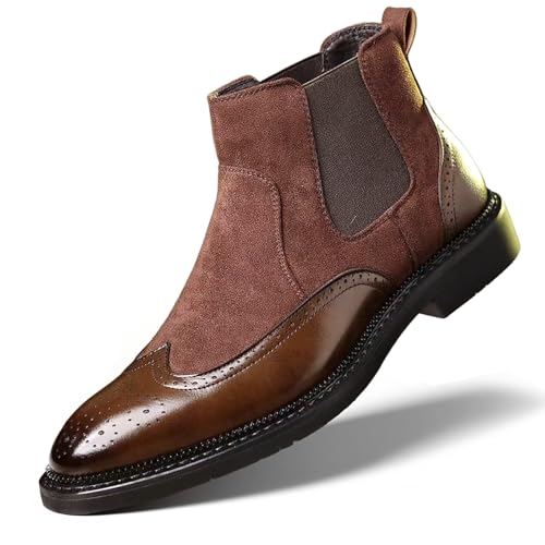Men'S Brogue Wingtip Chelsea Ankle Boots Retro Pointed Low Chunky Heel Slip-On Business Work Dress Boots Fashion Leather Casual Ankle Boots