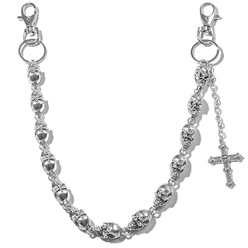 cioatu Heavy Duty Wallet Chain for Men Women, Biker Punk Goth Pants Chain with Skull & Cross, Metal Jeans Keychain Pocket Chains (Skull Chain)
