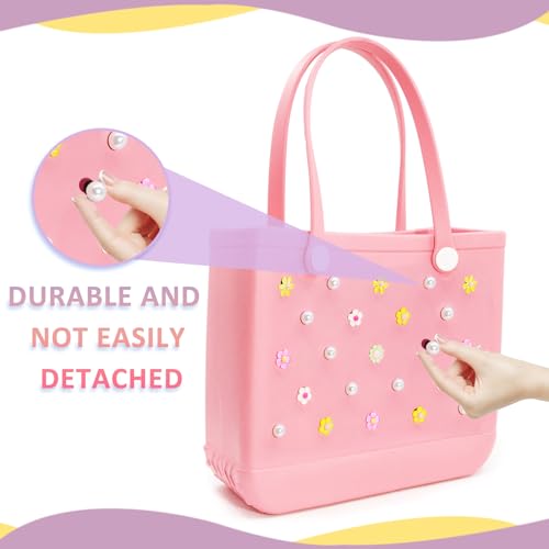 23 Pcs Accessories for Bogg Bag, Colorful Flowers and Pearls for Bogg Bag Charms, Compatible with Women Rubber Beach Bag Tote Handbag3
