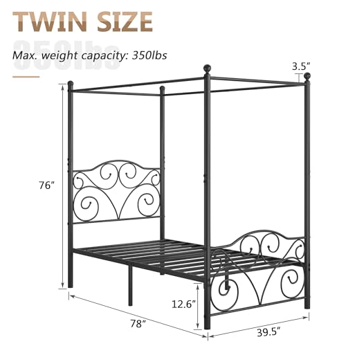Image of VECELO Metal Canopy Bed Frame Twin Size, 4 Posters Platform Mattress Foundation with Headboard, Heavy Duty Steel Slats Support, No Box Spring Needed, Black
