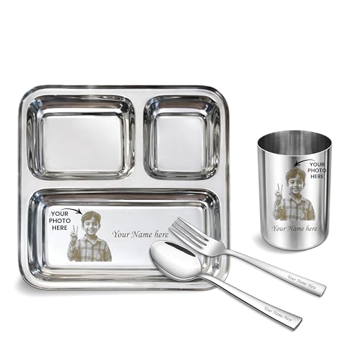 Image of SAVRI Personalized Kids Stainless Steel Dinner Set - Custom Laser Photo & Name Printed 3-Compartment Plate, Spoon, Fork & Glass | 4-Piece Baby Toddler Feeding Set | Birthday & Return Gift