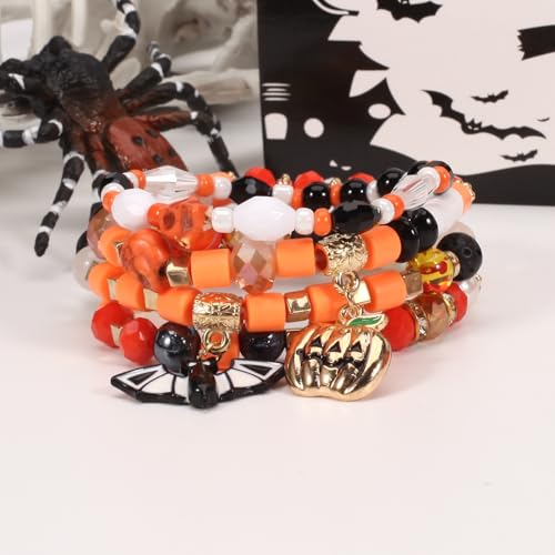 24 Pcs Halloween Bracelets Set,Halloween Multi Layered Bat Pumpkin Spider Bracelet Artificial Crystal Soft Ceramic Stackable Elastic Bracelet for Holiday Parties,Weddings,Dances,Vacations3