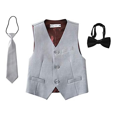 YuanLu Boys Vest for Kids Dress Wear Suit Formal Vest Set with Tie and Black Bowtie Light Gray Size 10 Cover
