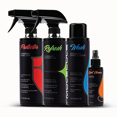Molecule Complete Care Kit, 16 Ounces Wash, 16 Ounces Refresh, 16 Ounces Protector, 4 Ounces Spot Cleaner, Performance Apparel Care, Race Suits, Repel Stains, Cleans and Deodorizes, 16 Ounces (1 Kit)