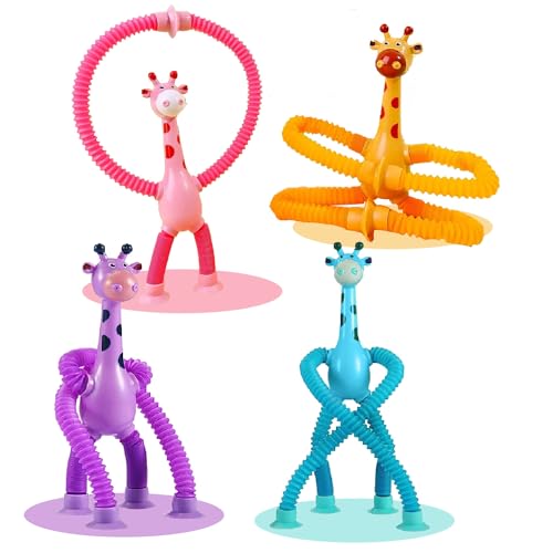 Image of Pop Tubes Giraffe Suction Toys, 4 Pcs Stretchy Animal Easter Basket Stuffers Educational Fidget Sensory Toys for Kids with Autism Travel Essential Toy for Boys Girls Toddlers Age 3 4 5 6 7 8 Year Old