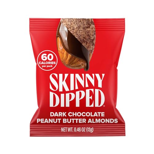 SkinnyDipped Dark Chocolate Peanut Butter Almonds, Healthy Snack, Plant Protein, Gluten Free, 0.46 oz Mini Bags, Pack of 24
