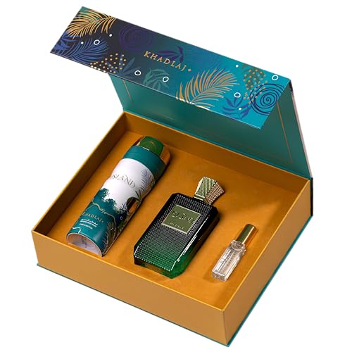 Image of Khadlaj Island 3-Piece Gift Set for Unisex (3.4 oz Extrait de Parfum Spray + 6.8 oz Deodorant Spray + 0.27 oz Travel Spray)