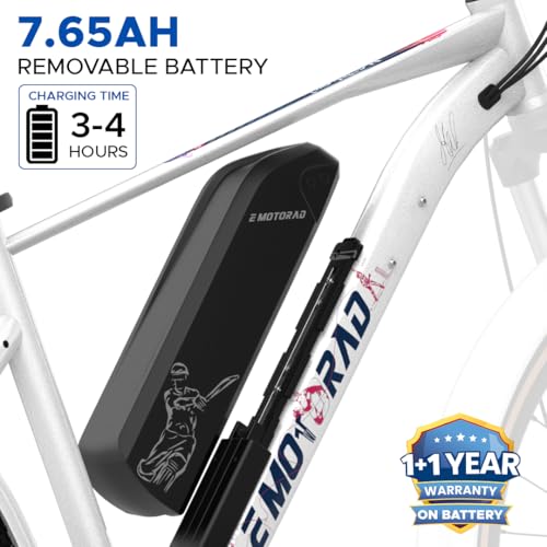 Image of E MOTORAD - RIDE THE ELECTRIC REVOLUTION Legend 07 MSD Edition Unisex Electric Cycle,90% Assembled (18 Inches Frame,7.65Ah Li-Ion Removable Battery,Front Suspension,LCD Display,250W Moto, Pearl White)