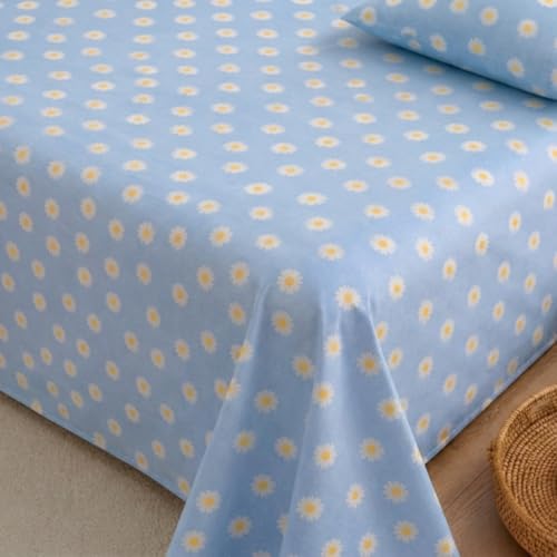 Image of Marrow Lane 300 TC Soft Air Cotton Double Bedsheet | Daisy Meadow | Flatsheet with 2 Pillow Covers | Ditsy Daisy Floral Print (228.6 x 254 cm, Blue & White)