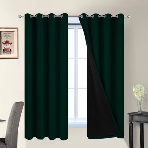 Image of Yakamok Pine Tree Green 100% Blackout Curtains 63 Inches Long 52 inch Wide | Blackout Curtain Panels for Bedroom, 2 Thick Layers Grommet Top Thermal Insulated Drapes with Black Liner for Living Room