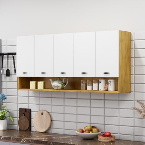 Bniture Engineered Wood Wall-Mount Kitchen Cabinet | Modular Kitchen Storage Cabinet with Shelves & 5 Doors | Space-Saving Wall Cabinet for Kitchen (Giant Wood & Frosty White)